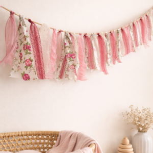 Roze Geboorteslinger 10 meter huren in Overijssel – stijlvolle lintjesslinger voor geboorte, babyshower en kraamfeest – Chellafood